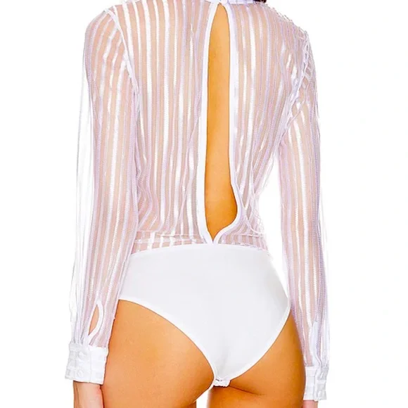 Dila Sheer Stripped Bodysuit in White by Superdown - Picture 3 of 14